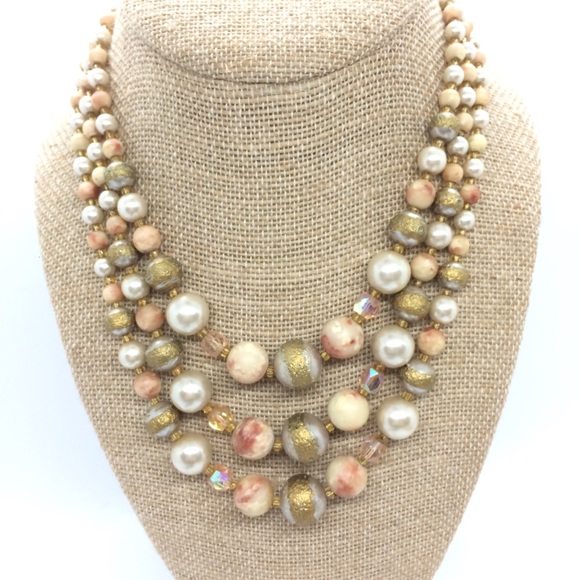 VINTAGE JAPAN 60s BEAD AB AURORA BOUREALIS MULTI LAYER COLLAR CHOKER NECKLACE - Picture 3 of 16